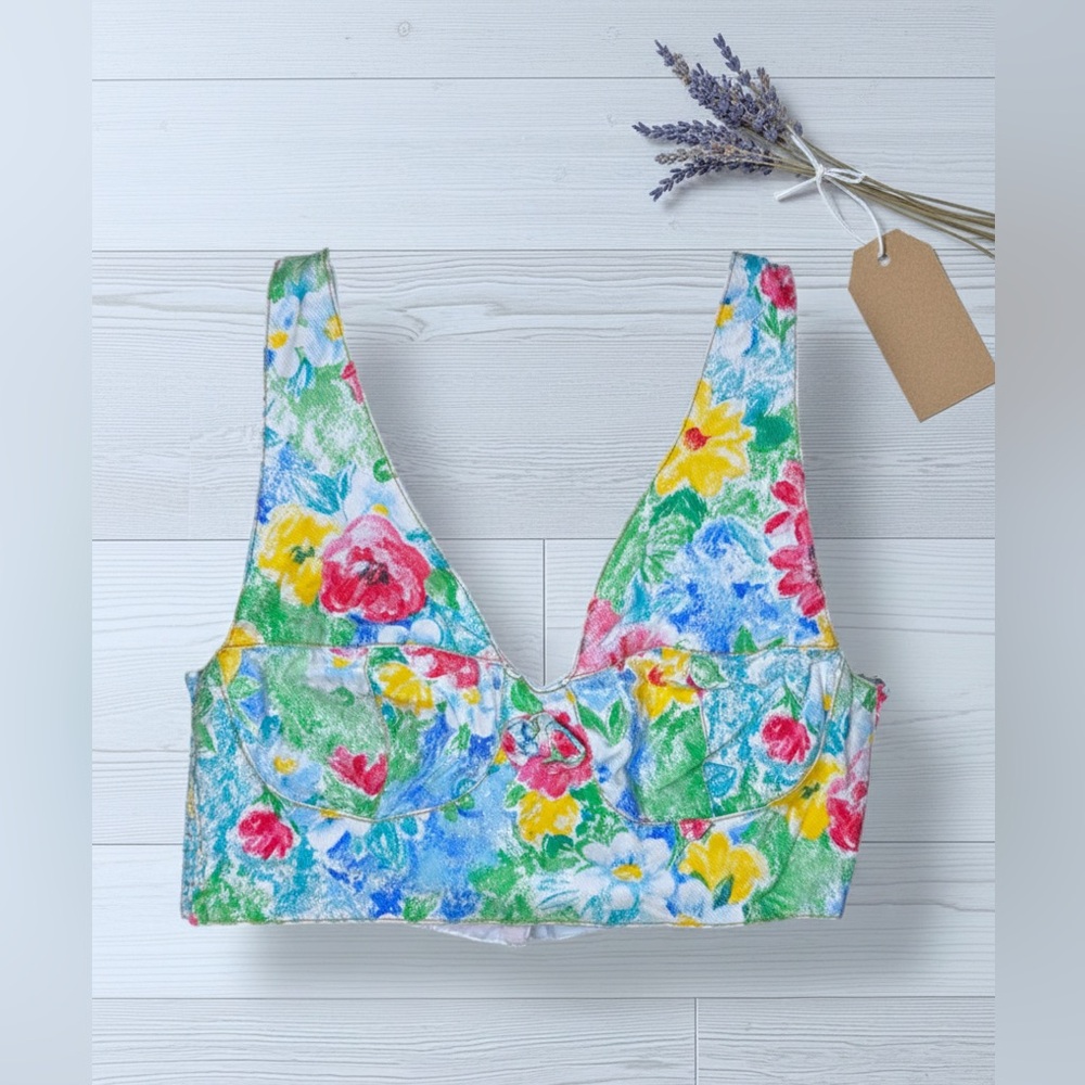 BREAKER JEANS Womens Vintage 80’s Spring Floral Print Bustier Denim Crop Top. - Picture 2 of 10